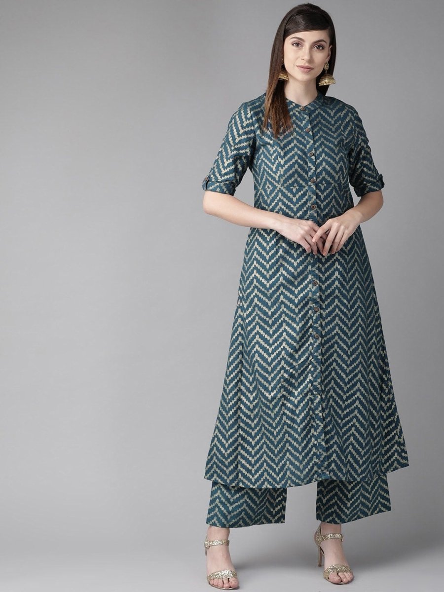 Aks Chevron Printed Band Collar A-Line Kurta - Distacart