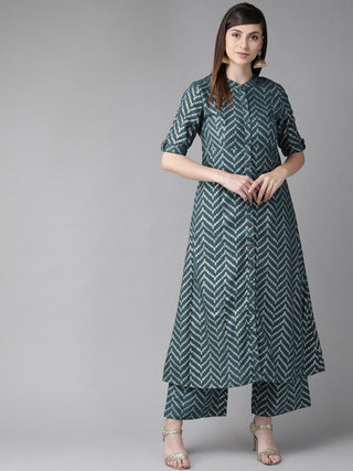 Aks Chevron Printed Band Collar A-Line Kurta - Distacart