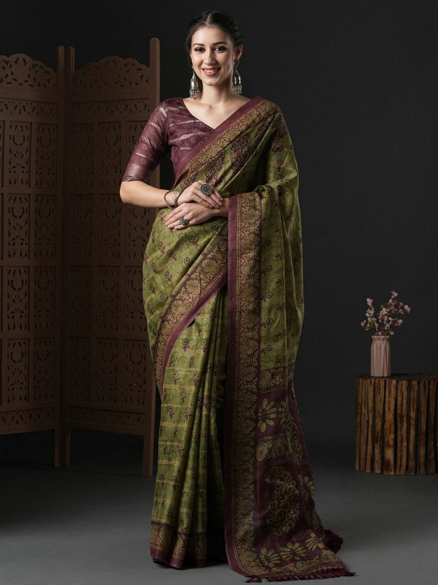 Anouk Green & Brown Ethnic Motifs Printed Kota Saree - Distacart