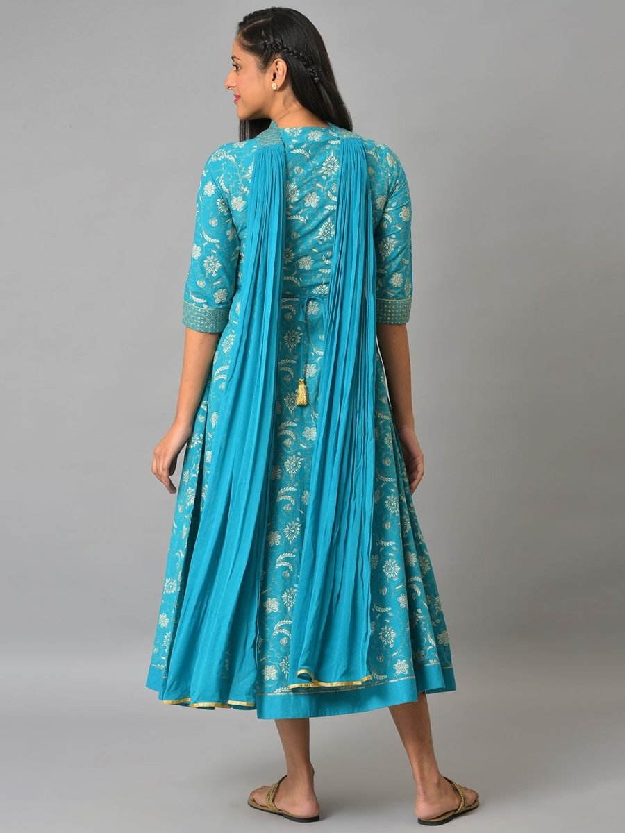 AURELIA Floral Print Ethnic A-Line Midi Dress With Dupatta