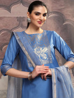Thumbnail for Vishudh Blue Ethnic Motifs Yoke Design Straight Kurta With Trousers & Dupatta