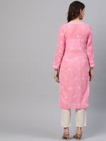 Thumbnail for ADA Women Pink & White Chikankari Embroidered Straight Sustainable Handloom Kurta - Distacart