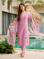Thumbnail for The52 Lavender Women's Gorgeous Embroidered work Viscose Gadhwal Fabric Straight Kurta, Pant and Dupatta Set - Distacart