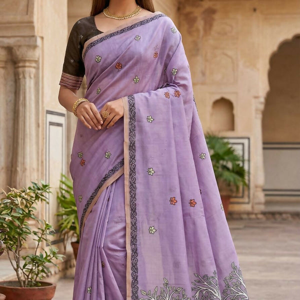 Vastranavya Lavender Muga Cotton Meenakari & Azarakh Pallu Saree with Contrast Blouse - Distacart