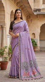 Thumbnail for Vastranavya Lavender Muga Cotton Meenakari & Azarakh Pallu Saree with Contrast Blouse - Distacart
