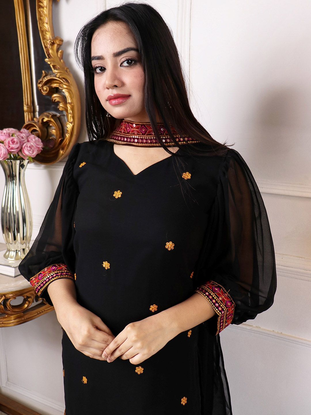 Kalini Ethnic Motifs Embroidered Regular Sequinned Kurta with Trousers & Dupatta - Distacart