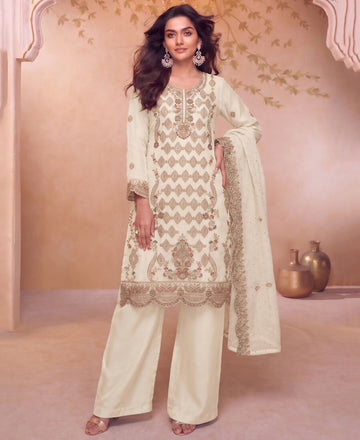 KC Heavy Embroidery Worked Two Ton Moss Silk White Suit For Women - Dista