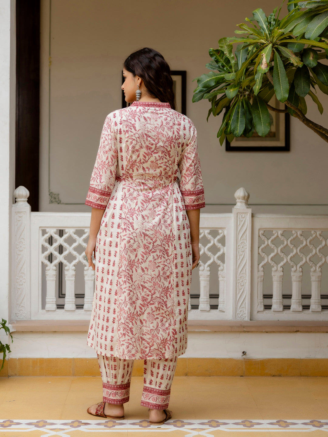 Kalini Floral Yoke Design Empire V-Neck Mirror Work Cotton Kurta With Patiala & Dupatta - Distacart