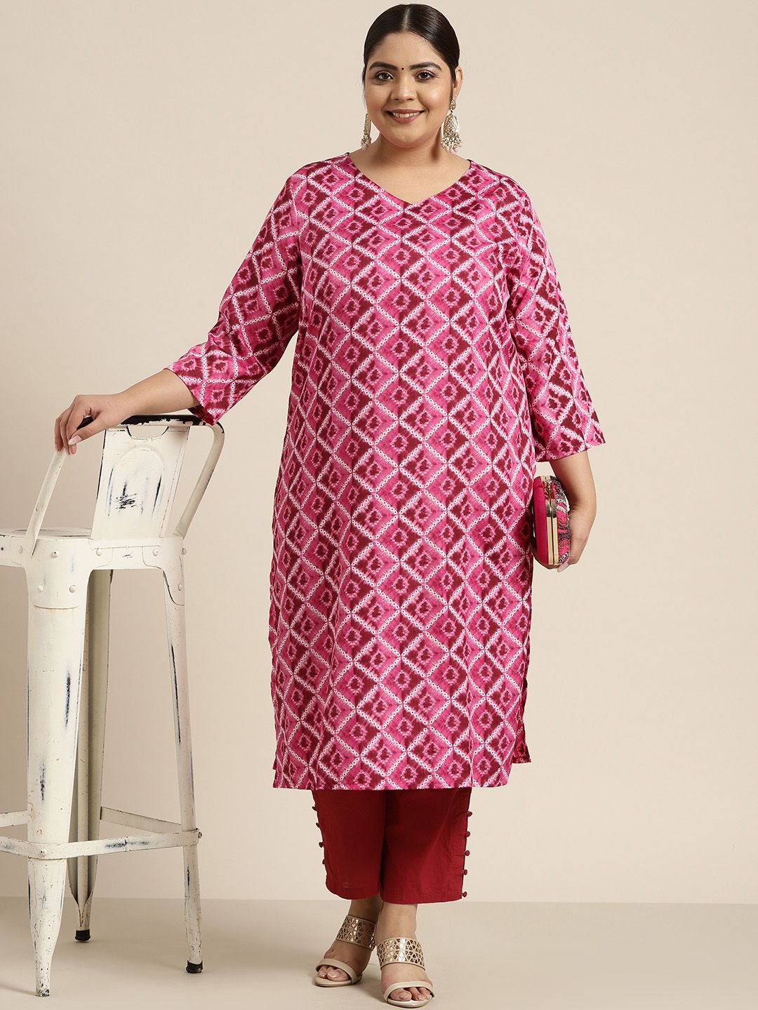 Sztori Women Plus Size Pink & Off White Printed Kurta - Distacart