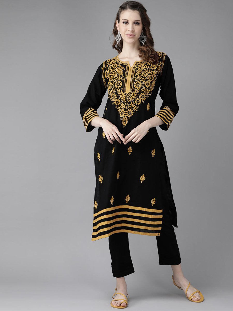 ADA Women Black & Mustard Yellow Pure Cotton Chikankari Embroidered Handloom Kurta with Trousers - Distacart