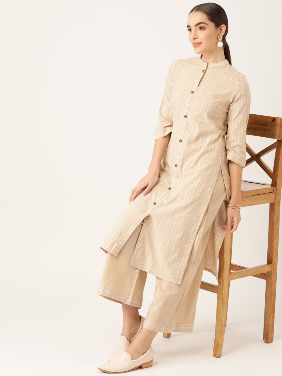 Anouk Women Beige Pure Cotton Striped Kurta with Palazzos - Distacart
