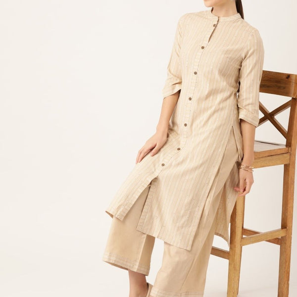 Anouk Women Beige Pure Cotton Striped Kurta with Palazzos - Distacart