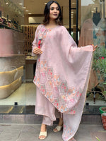 Thumbnail for Kalini Floral Printed Tie-Up Neck Kurta With Trousers & Dupatta - Distacart