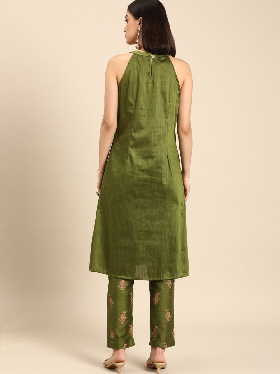 All About You Women Green Floral Print Embroidered Regular Kurta with Trousers - Distacart