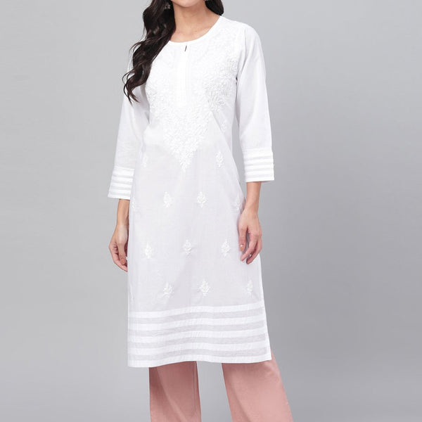 ADA Women White Chikankari Hand-Embroidered Straight Sustainable Handloom Kurta - Distacart