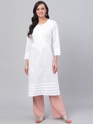 ADA Women White Chikankari Hand-Embroidered Straight Sustainable Handloom Kurta - Distacart