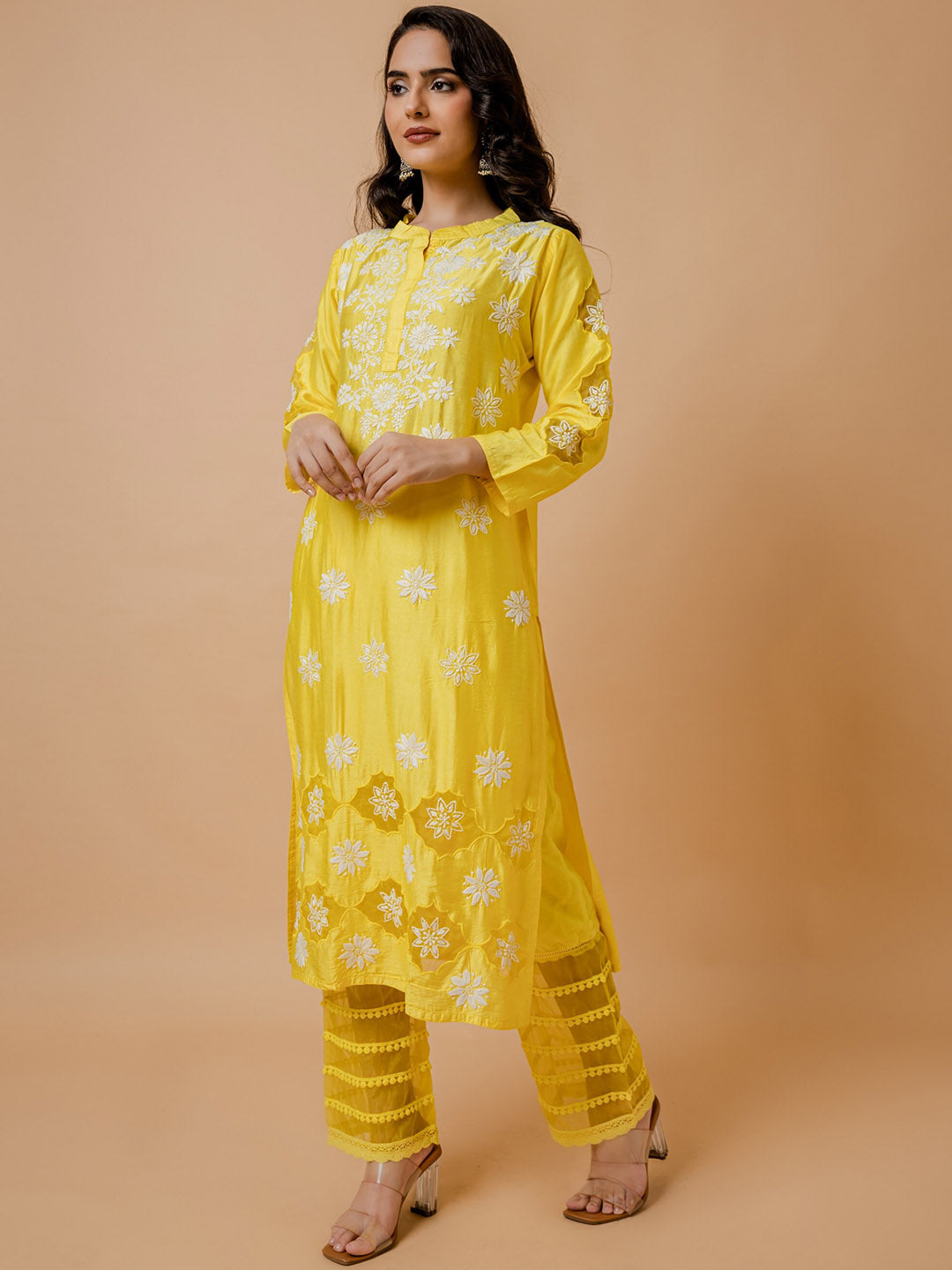 HOUSE OF KARI Floral Embroidered Chanderi Silk Chikankari Kurta - Distacart
