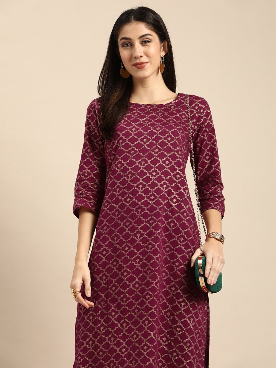 All About You Women Maroon Woven Design Pure Cotton Kurta with Trousers - Distacart