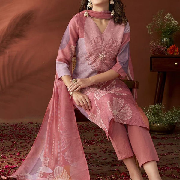 Anouk Mauve Ethnic Motifs Embroidered Beads & Stones Linen Kurta with Trousers & Dupatta - Distacart