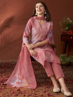 Thumbnail for Anouk Mauve Ethnic Motifs Embroidered Beads & Stones Linen Kurta with Trousers & Dupatta