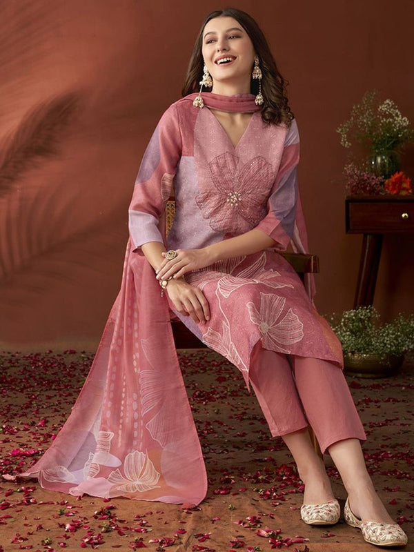 Anouk Mauve Ethnic Motifs Embroidered Beads & Stones Linen Kurta with Trousers & Dupatta