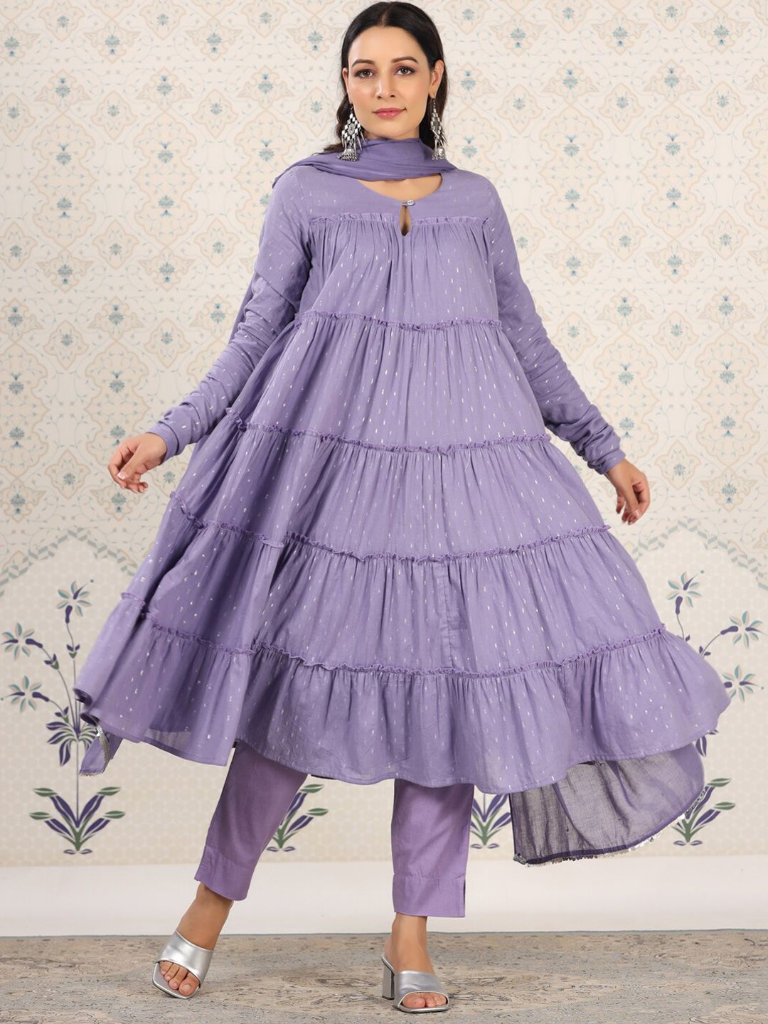 Ode by House of Pataudi Keyhole Neck A-Line Tiered Woven Design Pure Cotton Kurta Set - Distacart
