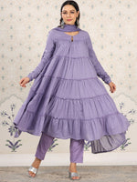 Thumbnail for Ode by House of Pataudi Keyhole Neck A-Line Tiered Woven Design Pure Cotton Kurta Set - Distacart