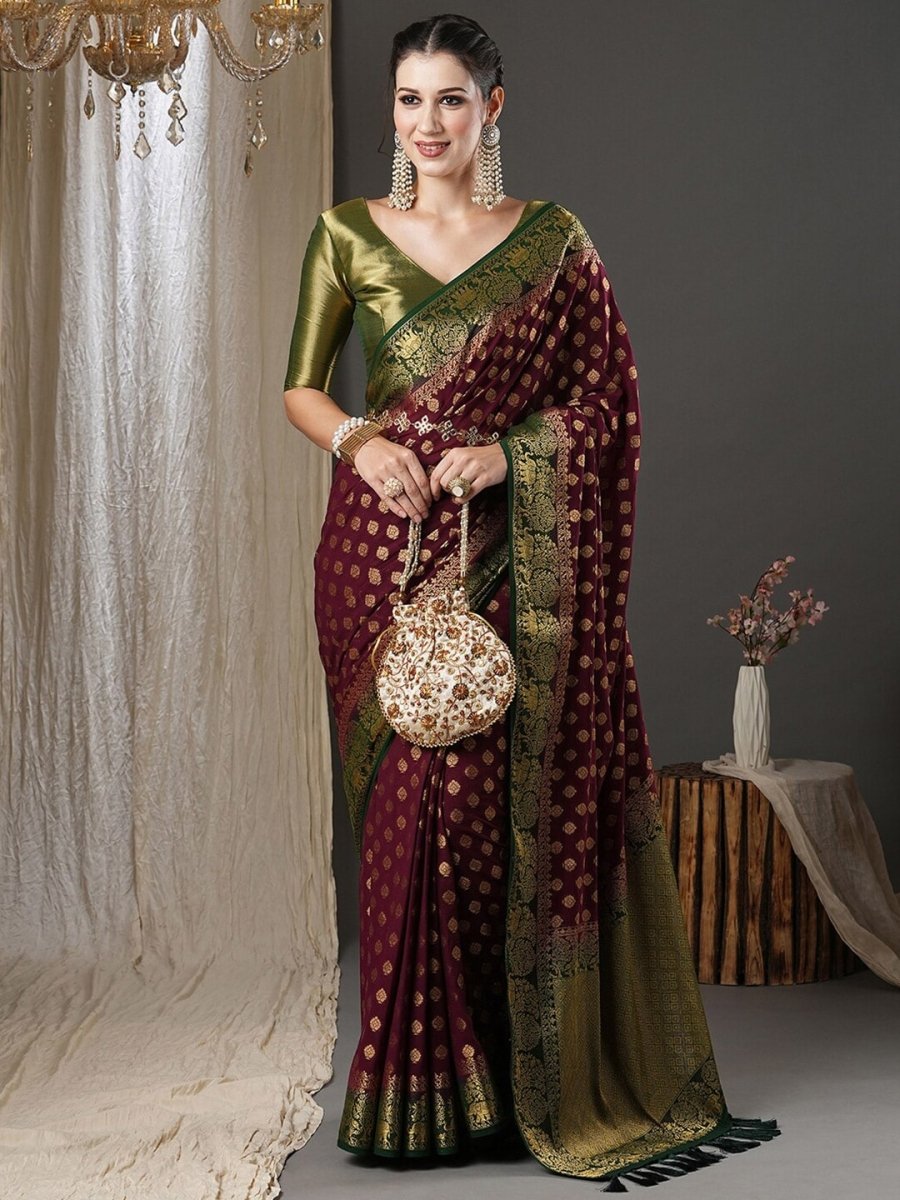 Anouk Burgundy & Green Ethnic Motifs Woven Design Zari Pure Georgette Kanjeevaram Saree - Distacart