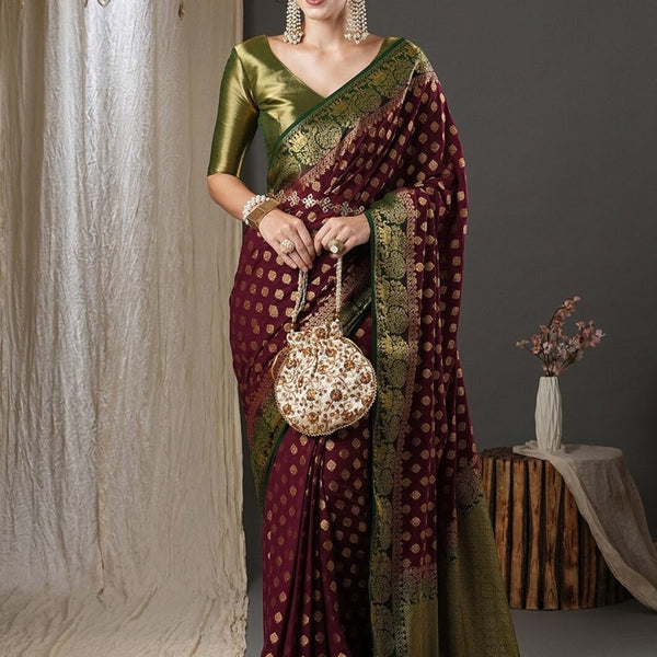 Anouk Burgundy & Green Ethnic Motifs Woven Design Zari Pure Georgette Kanjeevaram Saree - Distacart
