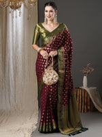 Thumbnail for Anouk Burgundy & Green Ethnic Motifs Woven Design Zari Pure Georgette Kanjeevaram Saree - Distacart