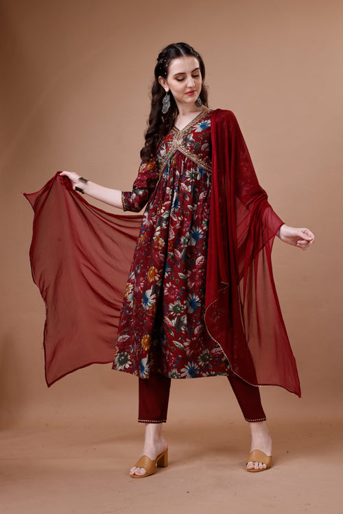 Alia Cut Floral Printed Embroidered Kurta With Pant & Dupatta, Multicolor - Hiral Fashion - Dista