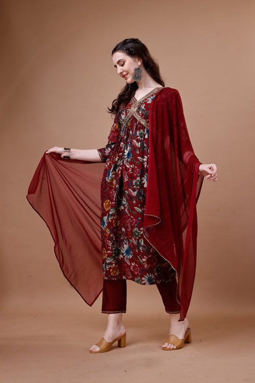 Alia Cut Floral Printed Embroidered Kurta With Pant & Dupatta, Multicolor - Hiral Fashion - Dista