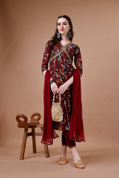 Alia Cut Floral Printed Embroidered Kurta With Pant & Dupatta, Multicolor - Hiral Fashion - Dista