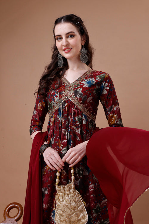 Alia Cut Floral Printed Embroidered Kurta With Pant & Dupatta, Multicolor - Hiral Fashion - Dista