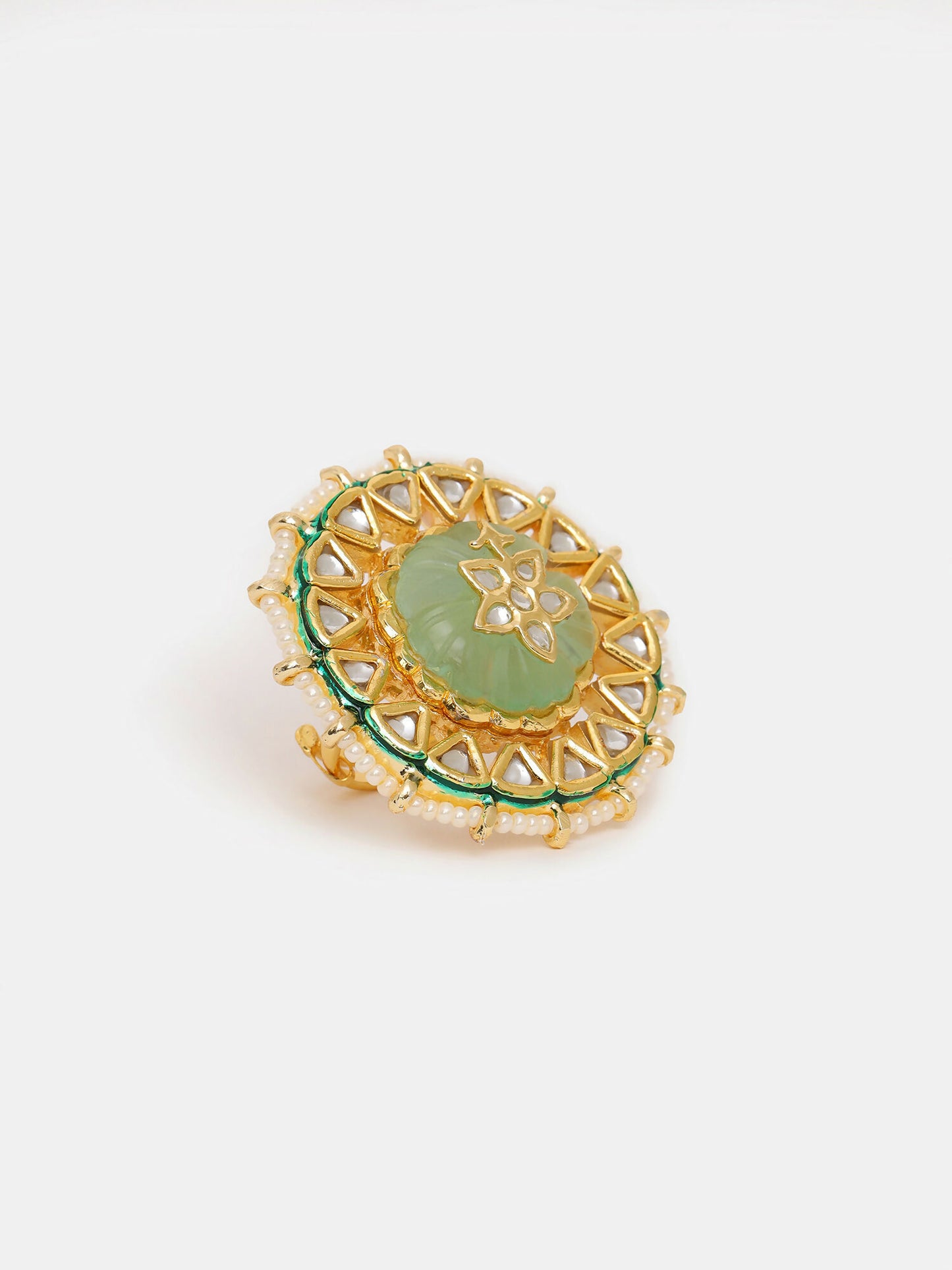 Ruby Raang Gold Polished Green Kundan Cocktail Ring - Distacart
