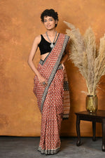Thumbnail for Very Much Indian Handblock Printed Cotton Saree With Natural Dyes - Orange - Distacart