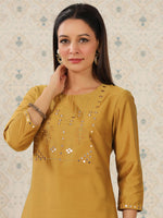 Thumbnail for Ode by House of Pataudi Geometric Embroidered Mirror Work Kurta With Trousers - Distacart