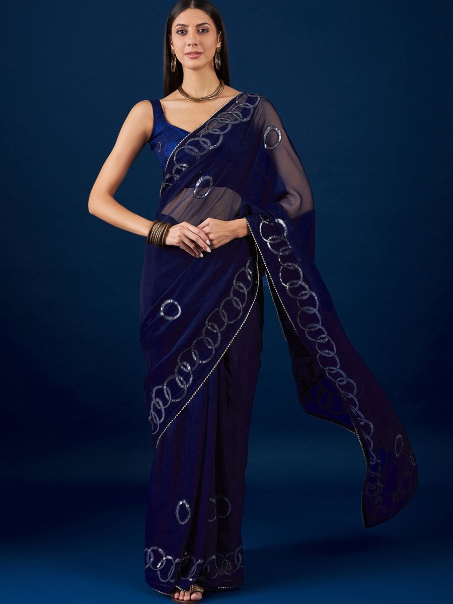 Anouk Blue Geometric Embroidered Sequinned Pure Chiffon Saree - Distacart