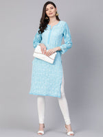 Thumbnail for ADA Women Blue & White Chikankari Embroidered Sheer Straight Sustainable Handloom Kurta - Distacart