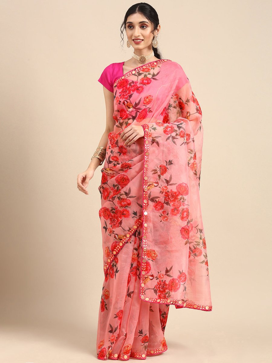 Anouk Pink Floral Printed Organza Saree - Distacart