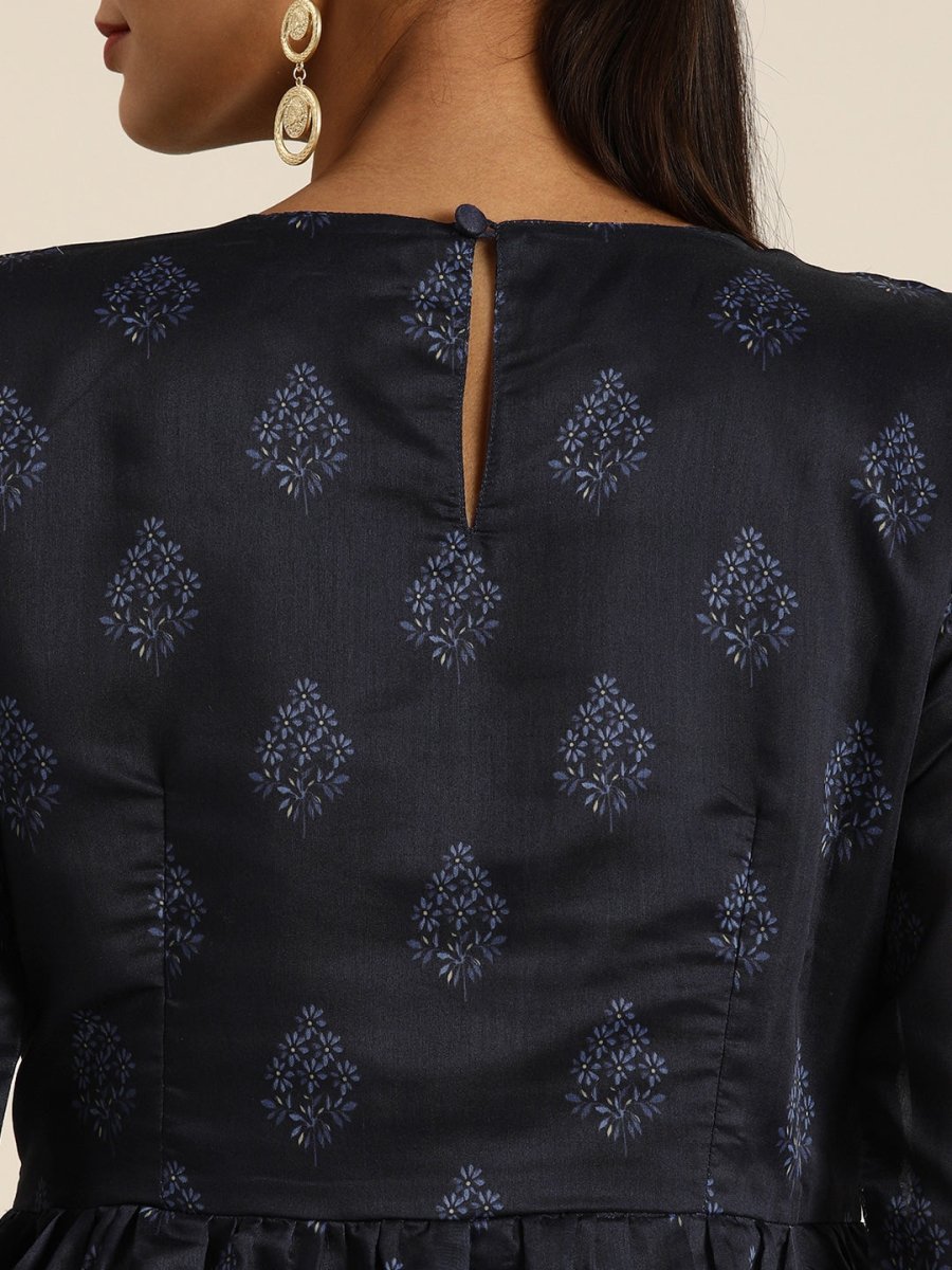 All About You Women Navy Blue Floral Printed Empire Kurta with Trousers - Distacart