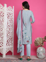 Thumbnail for Jyoti Fashion Women's Grey Muslin Floral Print with Jari & Crystal work Kurta with Trouser & Dupatta - Distacart