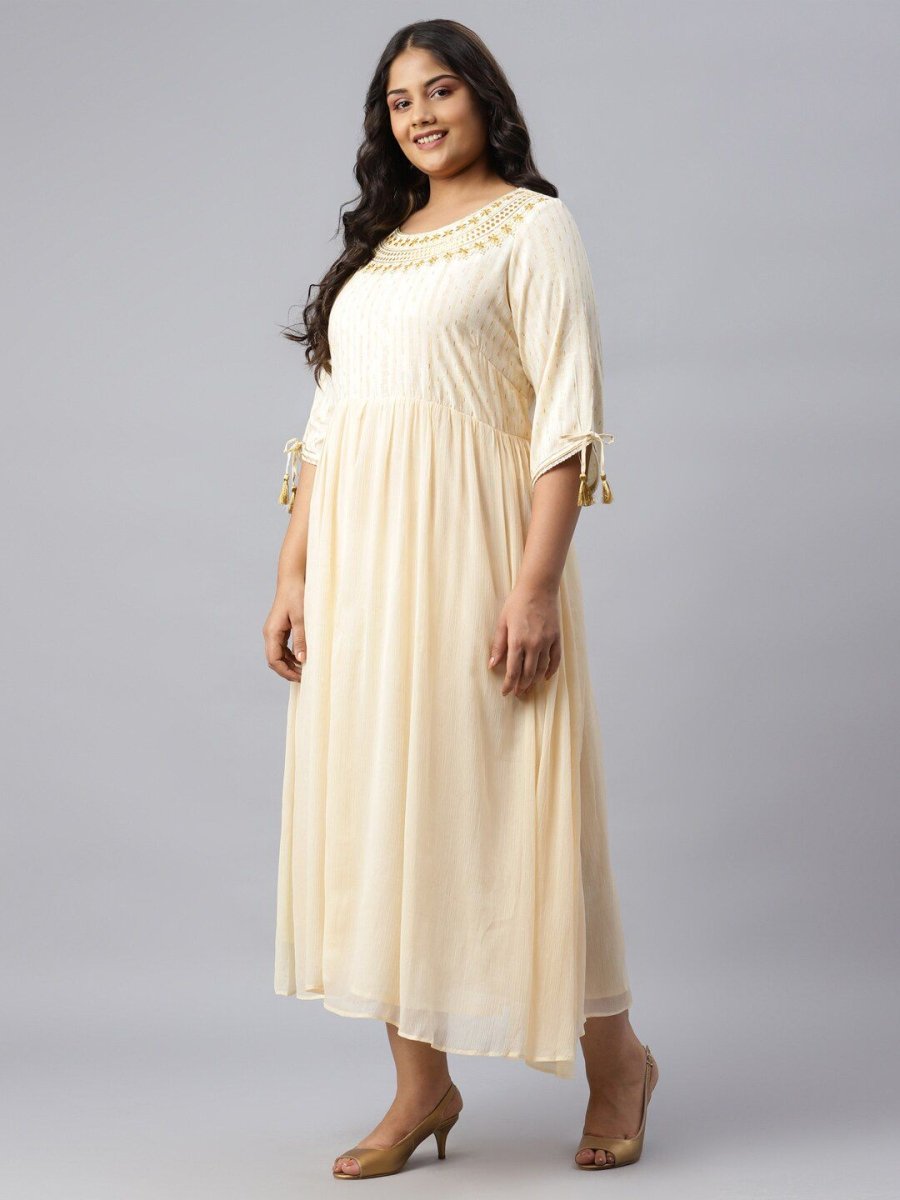 AURELIA Women Off White Ethnic Motifs Embroidered Midi Fit & Flare Dress - Distacart