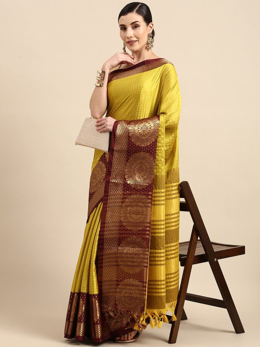 Anouk Mustard Yellow & Gold-Toned Checked Zari Pure Silk Kanjeevaram Saree - Distacart