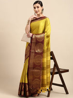 Thumbnail for Anouk Mustard Yellow & Gold-Toned Checked Zari Pure Silk Kanjeevaram Saree - Distacart