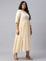 Thumbnail for AURELIA Women Off White Ethnic Motifs Embroidered Midi Fit & Flare Dress - Distacart