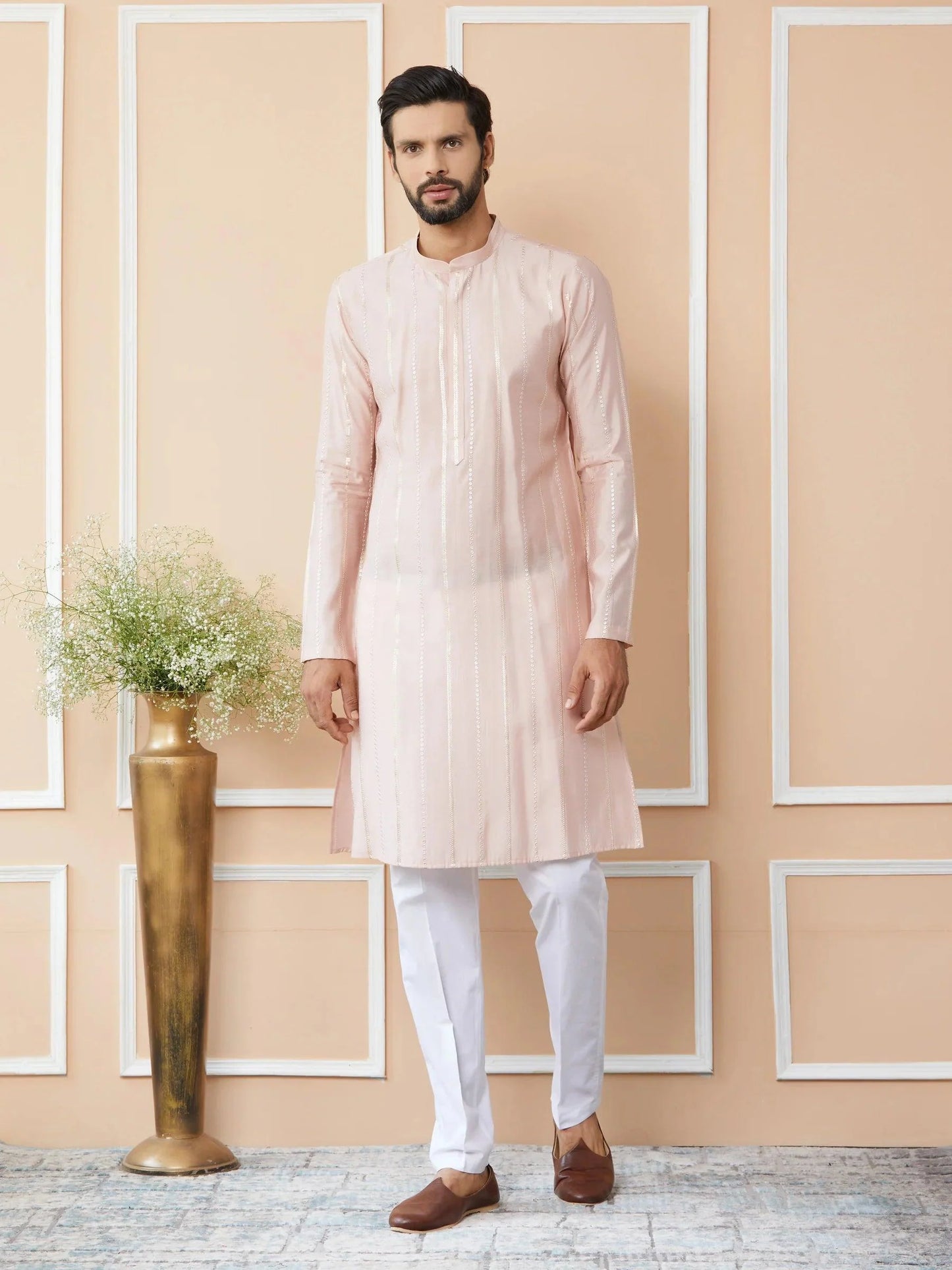 Fabmade Pink Embroidered Regular Sequinned Chanderi Silk Kurta - Distacart