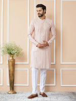 Thumbnail for Fabmade Pink Embroidered Regular Sequinned Chanderi Silk Kurta