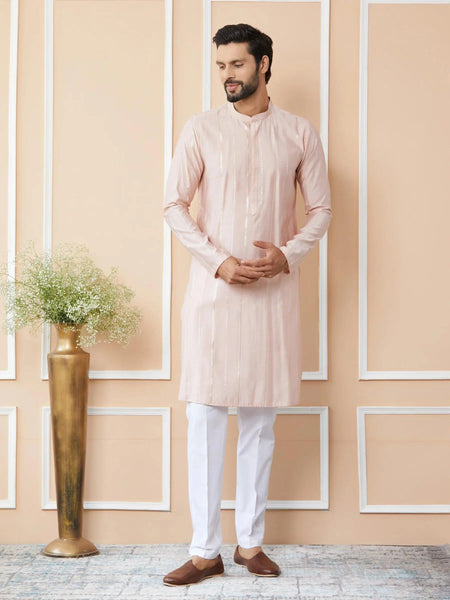 Fabmade Pink Embroidered Regular Sequinned Chanderi Silk Kurta
