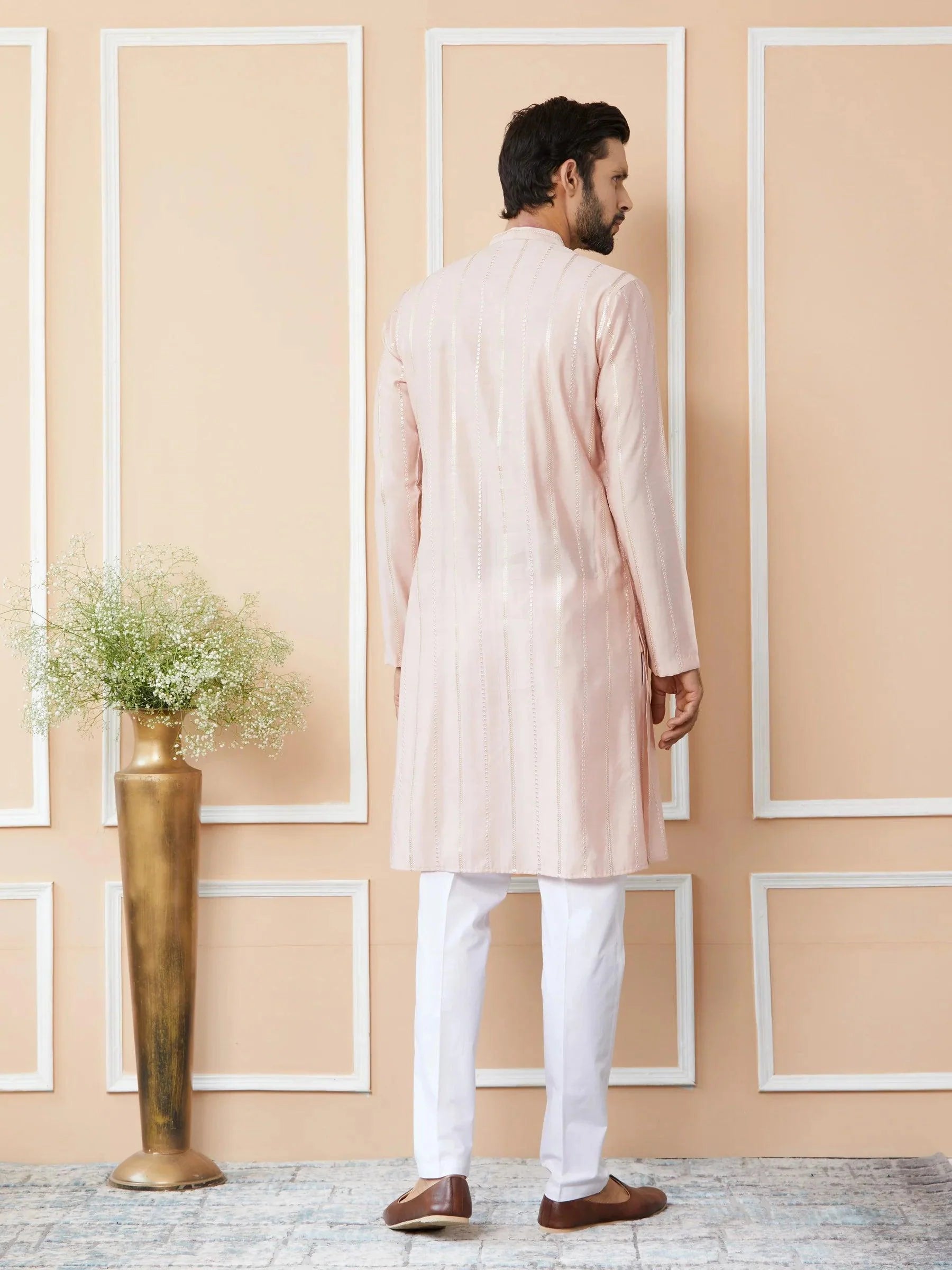 Fabmade Pink Embroidered Regular Sequinned Chanderi Silk Kurta